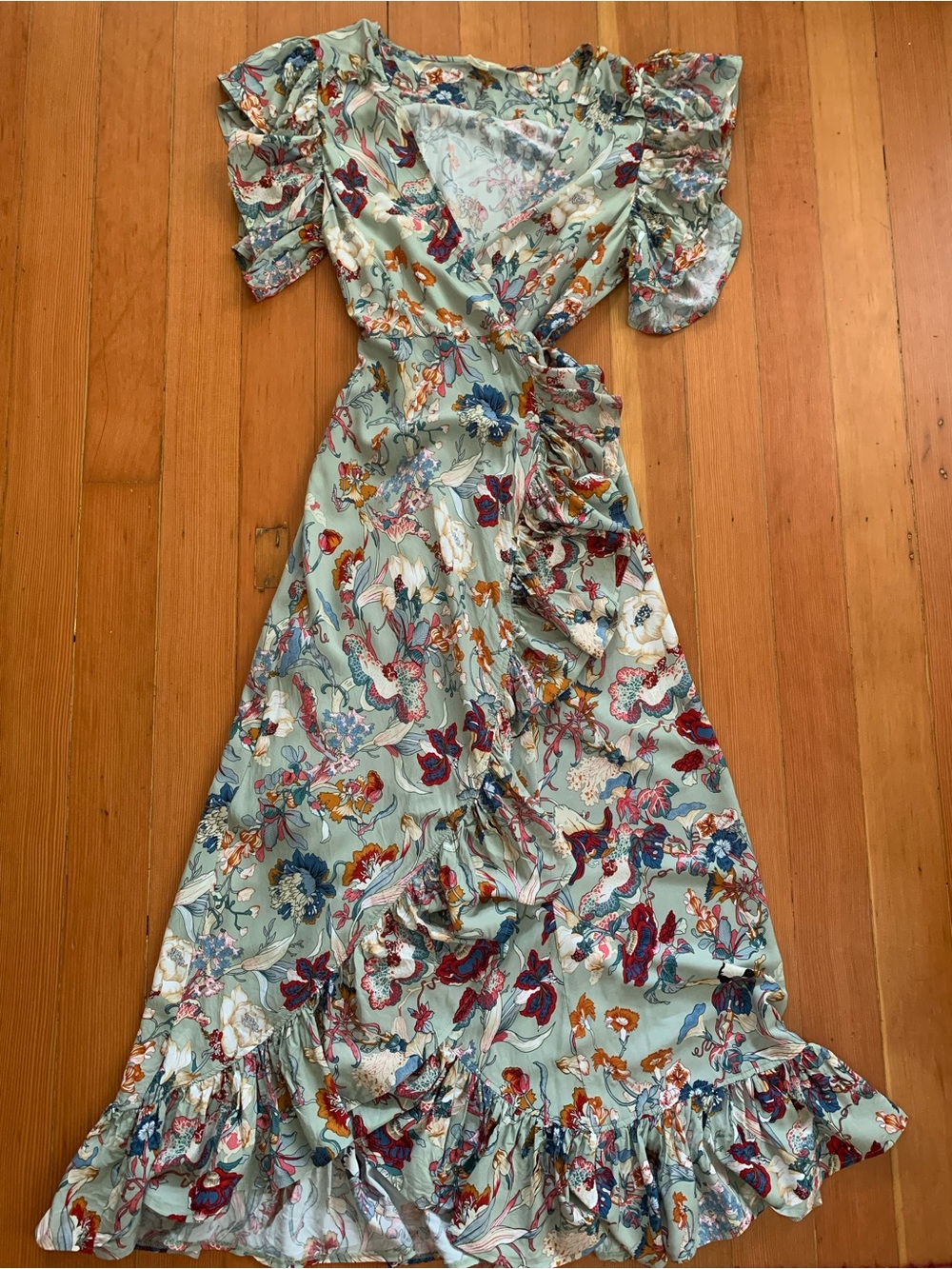 ELF Made by Hand Floral Wrap dress Ruffle Sleeve Sz XL